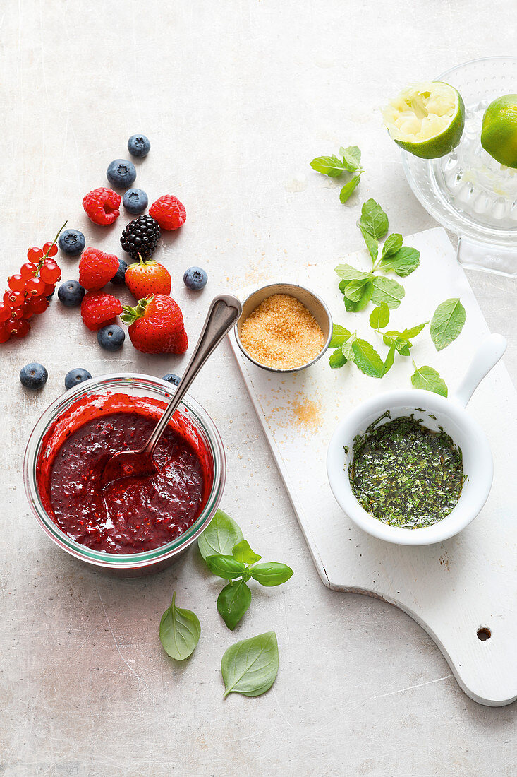 A berry dip and a mint dip