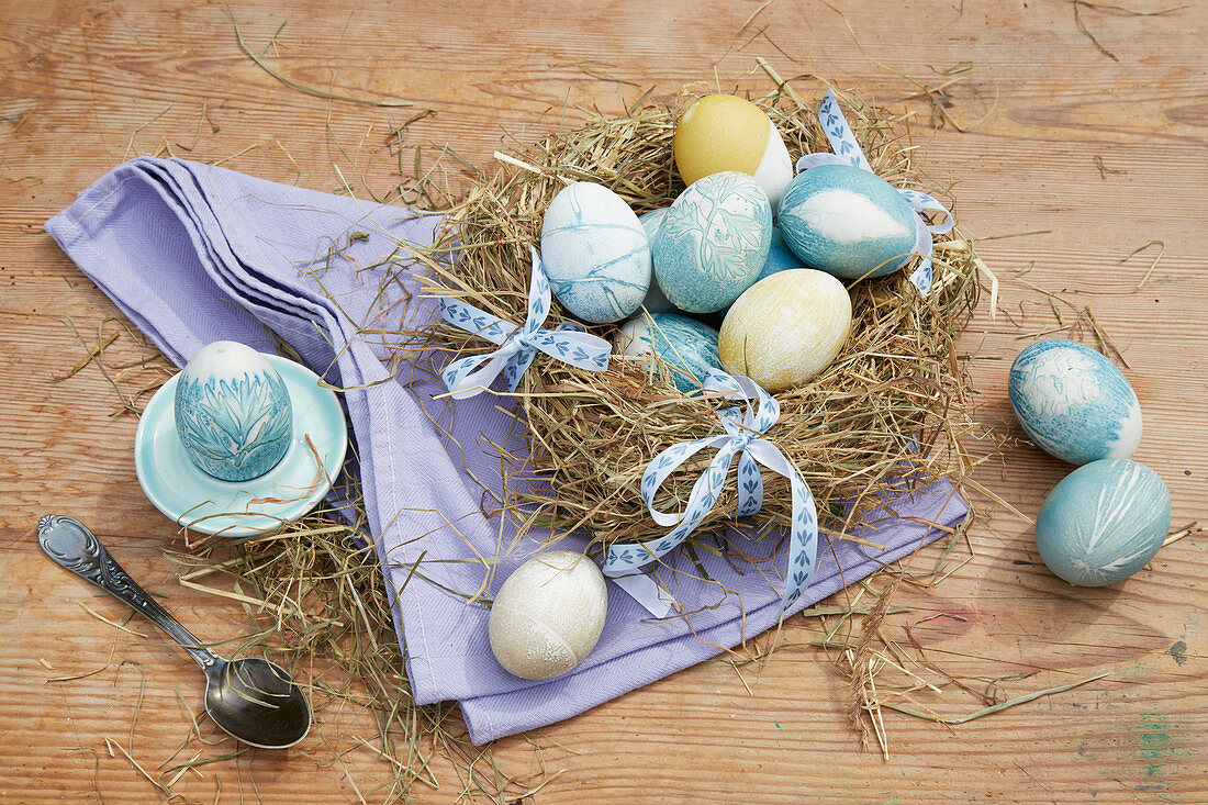 Easter eggs dyed with botanical motifs