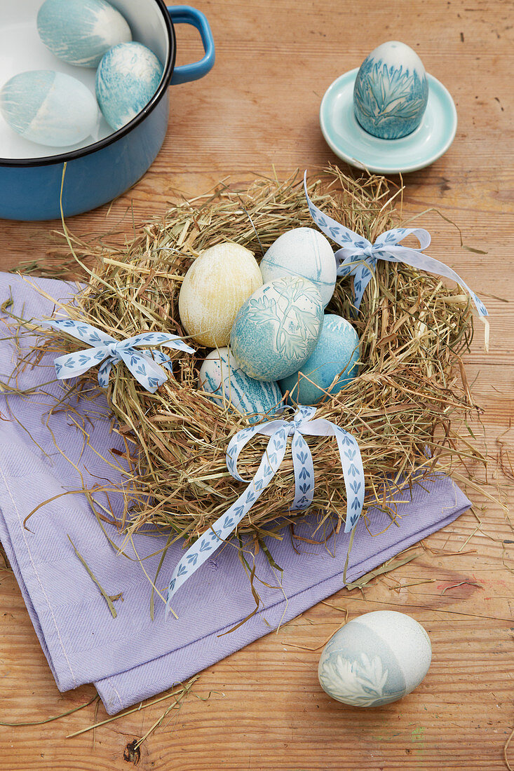 Easter eggs dyed with botanical motifs