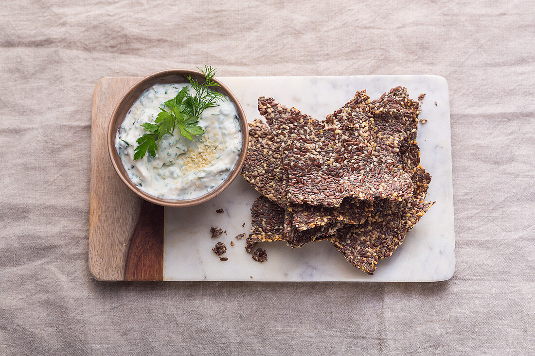 Chia and flaxseed crispbread with a herb soya cream