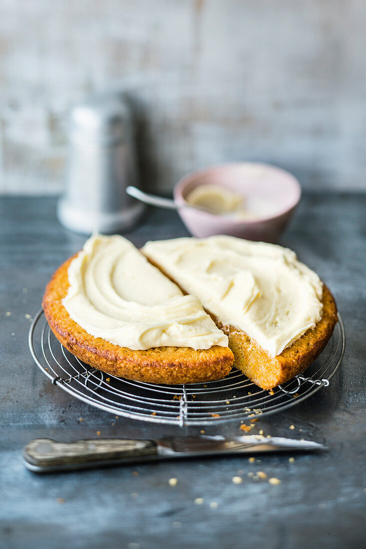 Pan-fried carrot cake with white chocolate frosting