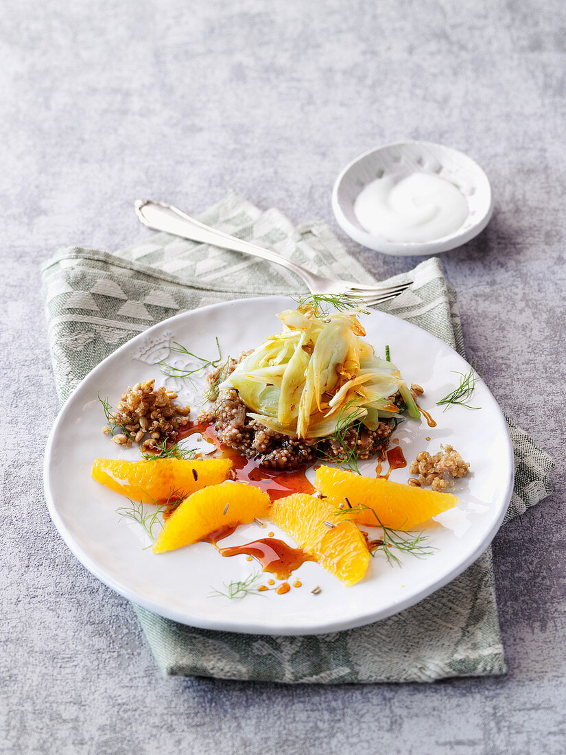 Fried grains with a duo of fennel and orange fillets