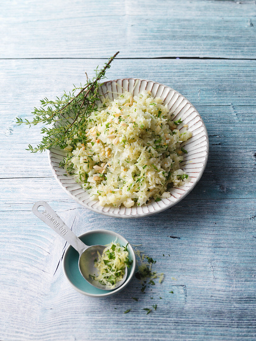 Vegan cauliflower and herb risotto with almonds