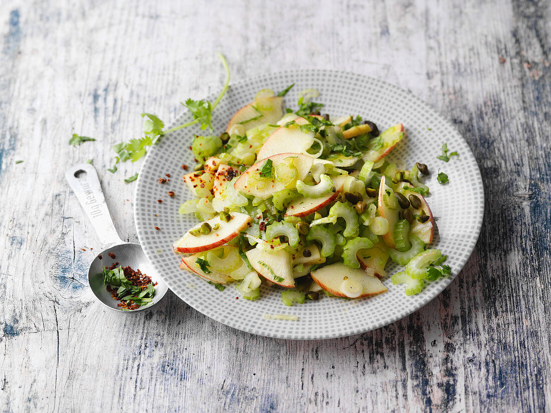 Celery and apple salad with pistachios and coriander