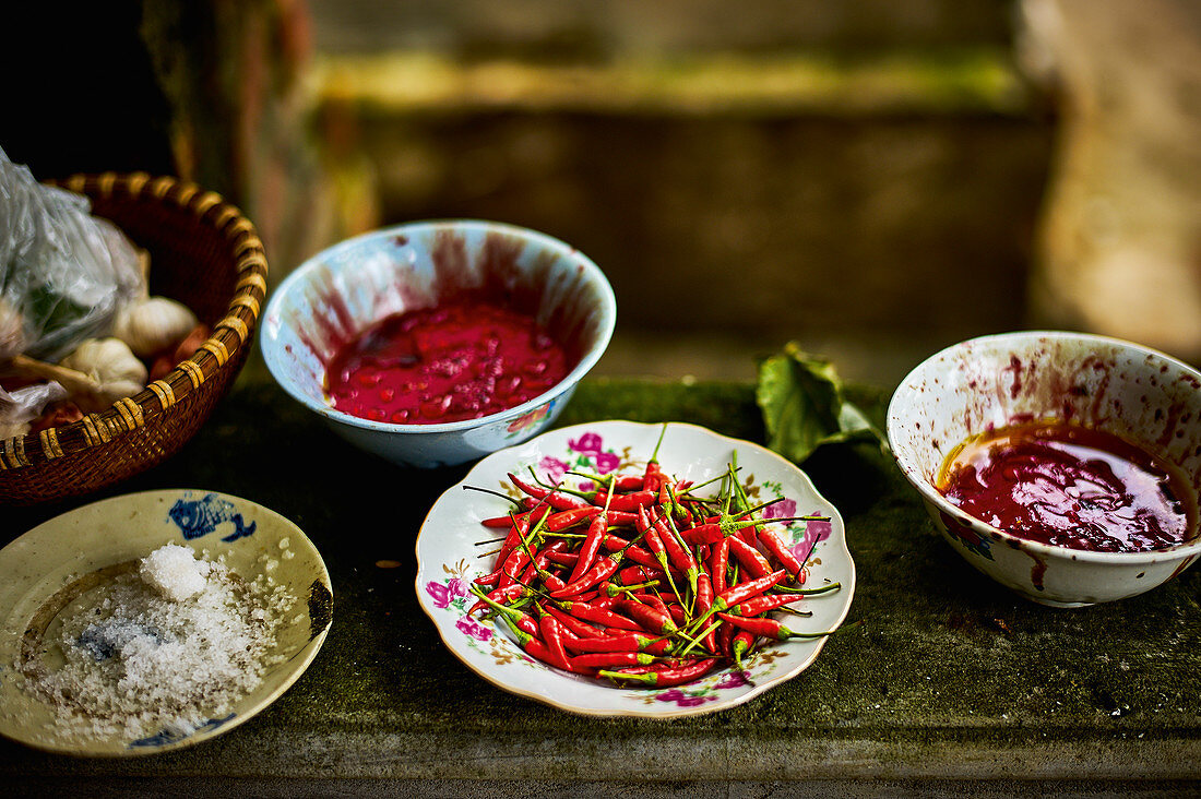 Plates of chillis and chilli pastes (Thailand)