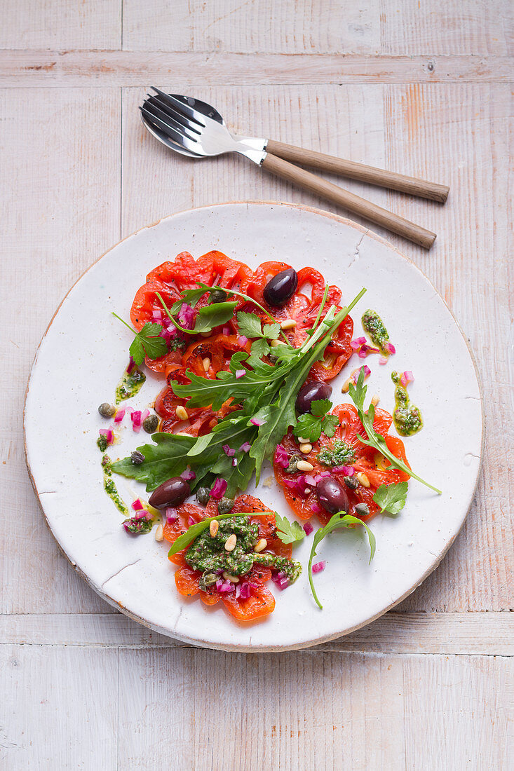 Roasted ox hearts with olive and rocket tapenade