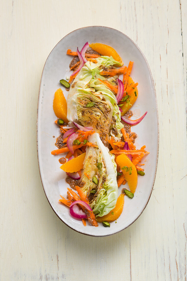 Lettuce with oranges in a carrot and chia seed dressing