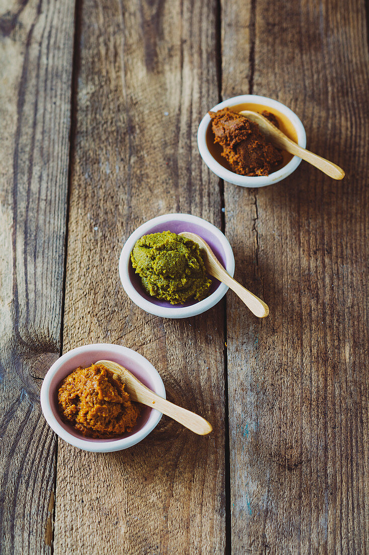 Three types of curry paste (Thailand)