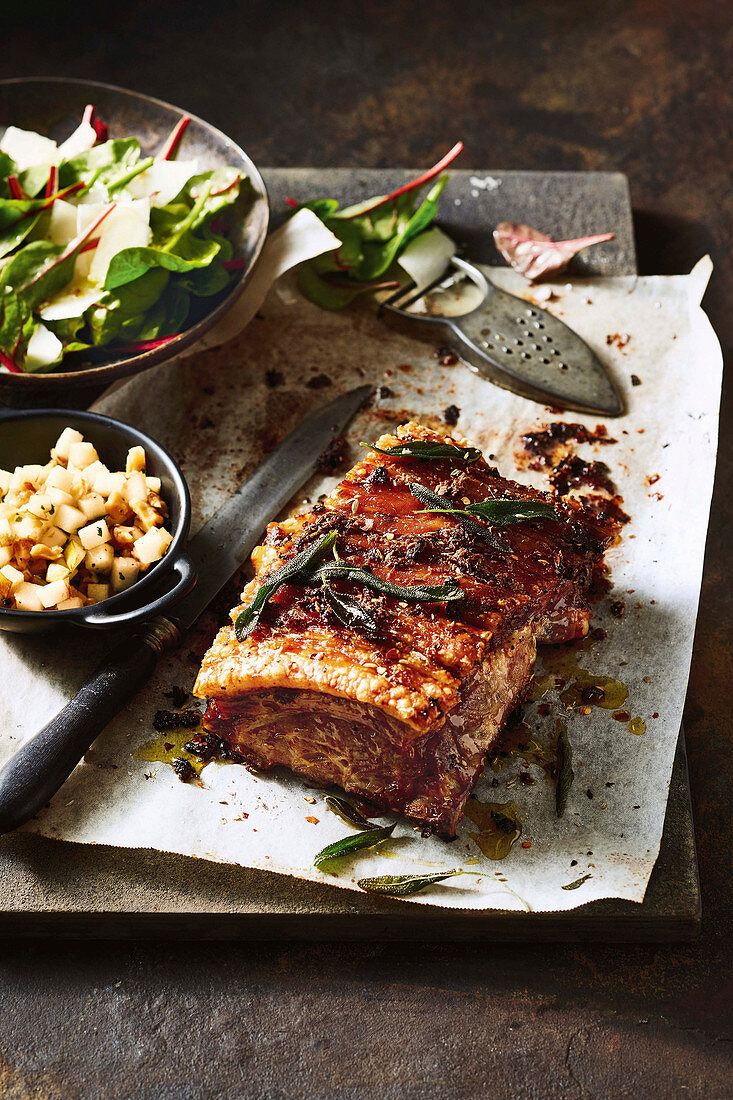 Fennel and chilli pork belly with pear and walnut salsa