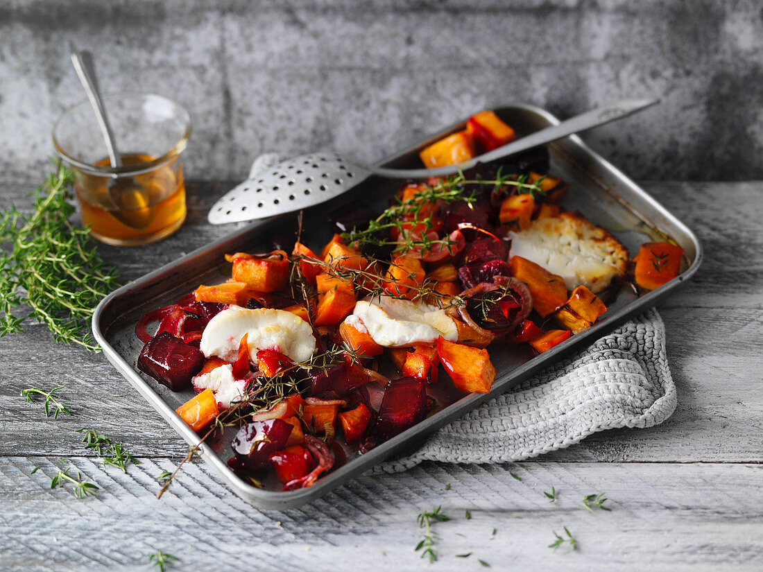 Oven-baked root vegetables with goat's cheese