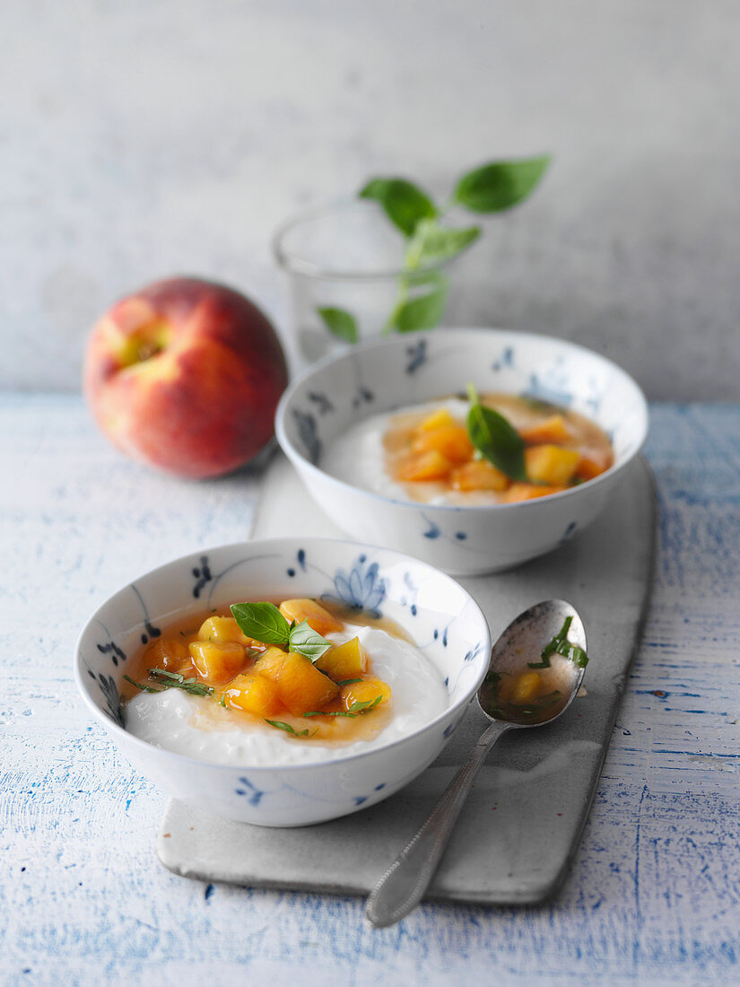 Quark and coconut cream with basil peaches