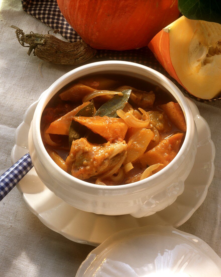 Kaninchenragout mit Kürbis in Suppenschale