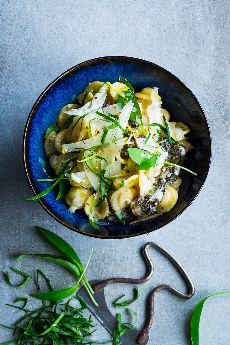 Pasta with wild garlic and morel mushrooms