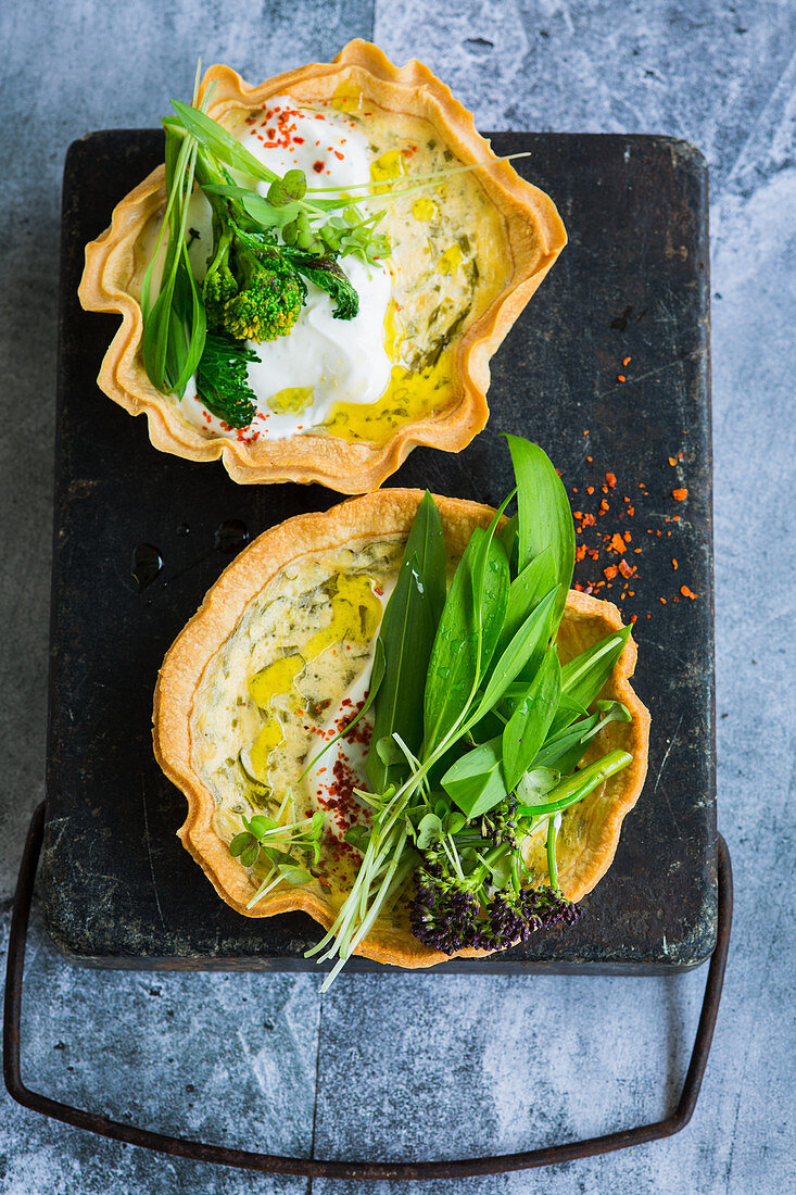 Wild garlic tarts and broccolini