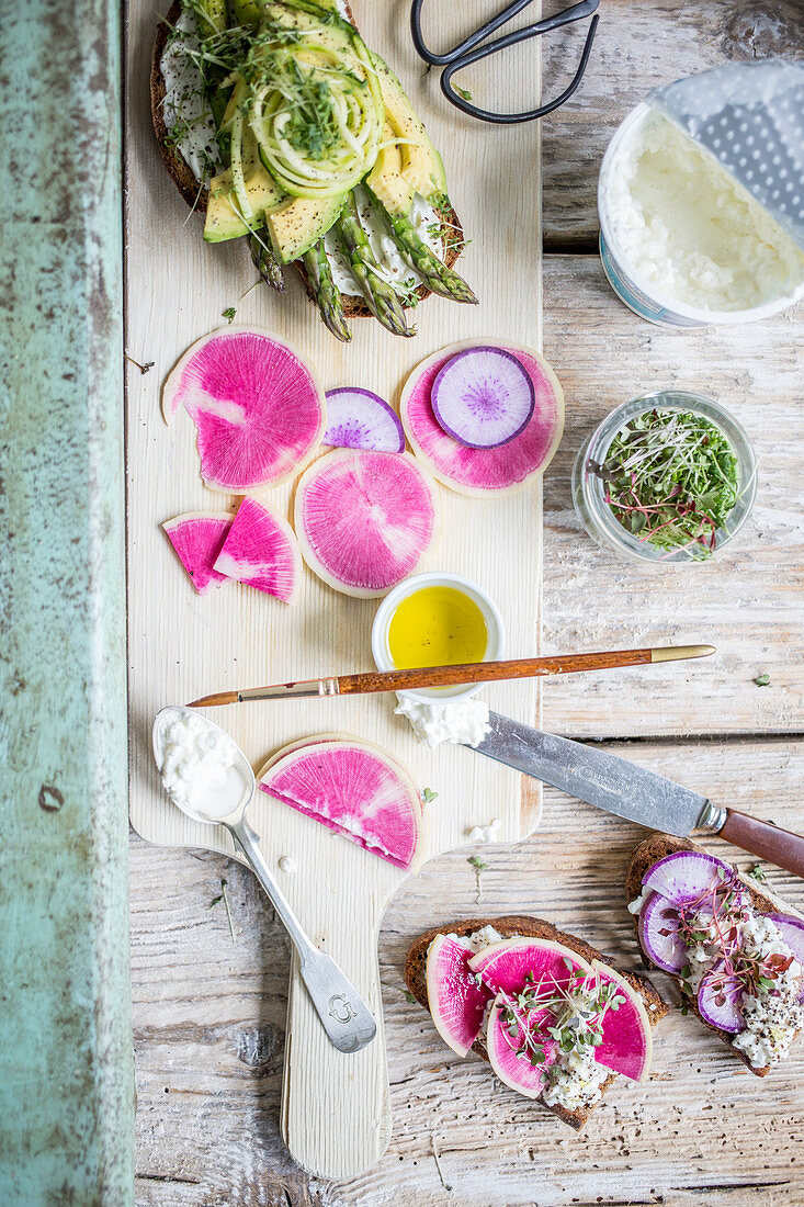 Radish bread with cottage cheese, and avocado and asparagus bread