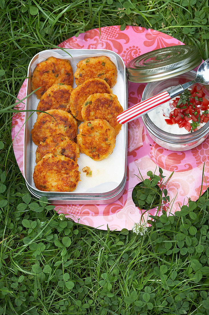 Potato crab cakes with tomato quark for a picnic