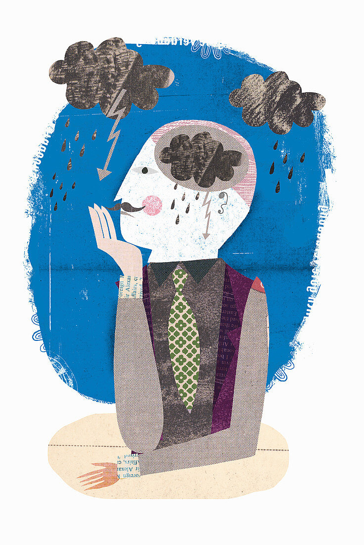 An illustration of a man with storm clouds in his head