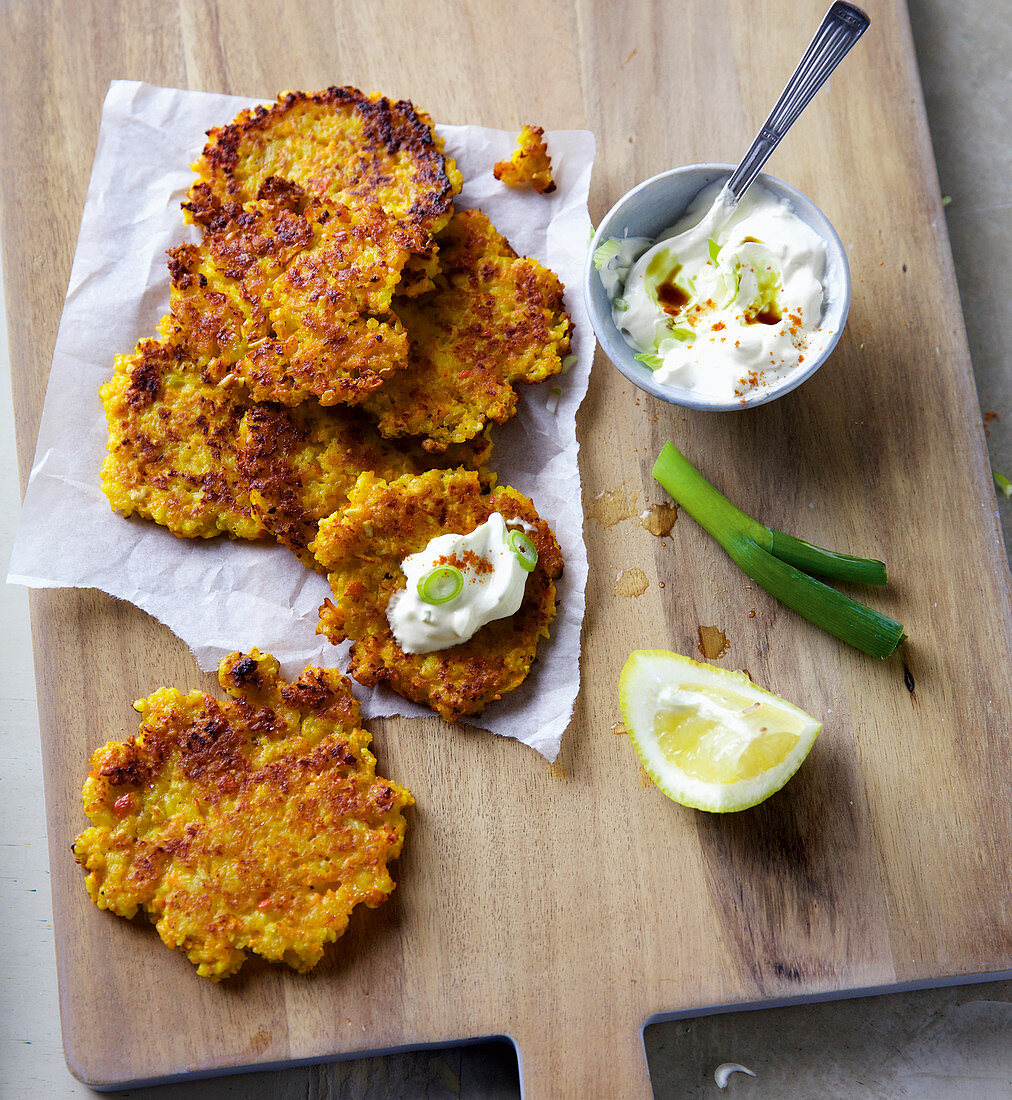 Pumpkin and potato fritters with a pumpkin seed oil dip