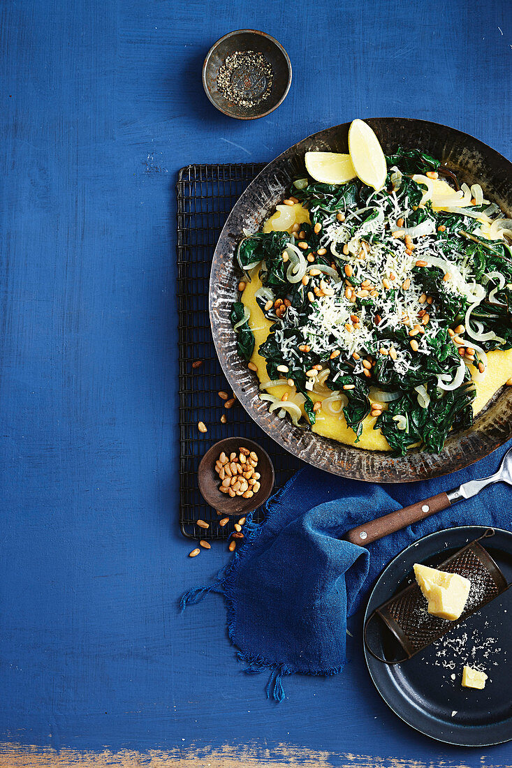 Braised silverbeet on creamy polenta