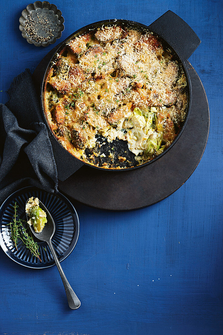 Caramelised leek and brussels sprouts gratin