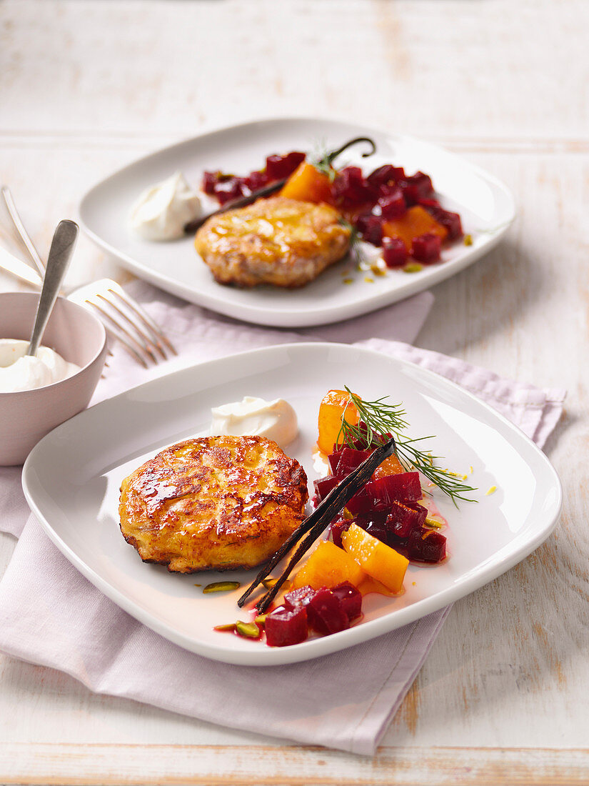 Fishcakes with a beetroot and pumpkin medley