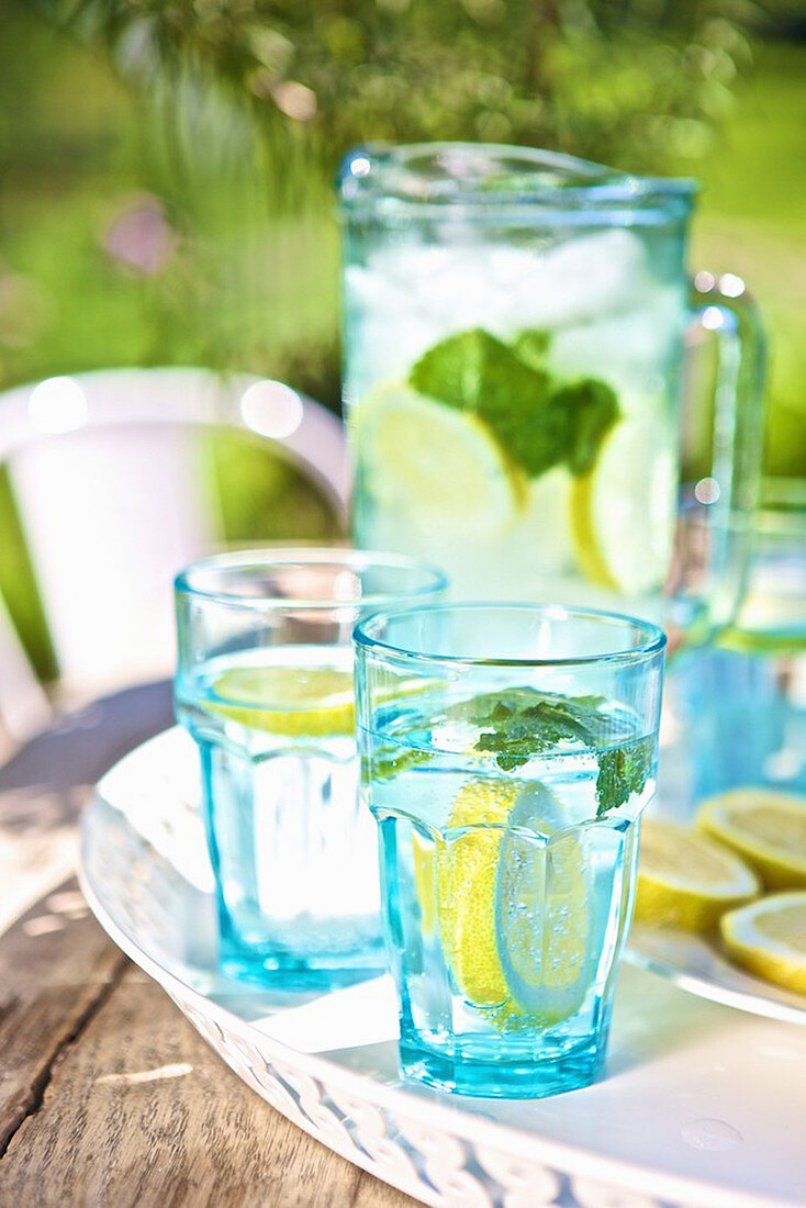Wasser mit Zitronen und Minze auf Gartentisch