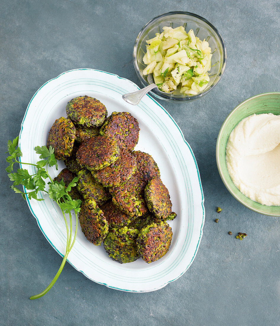 Lentil fritters with a pear and fennel salad