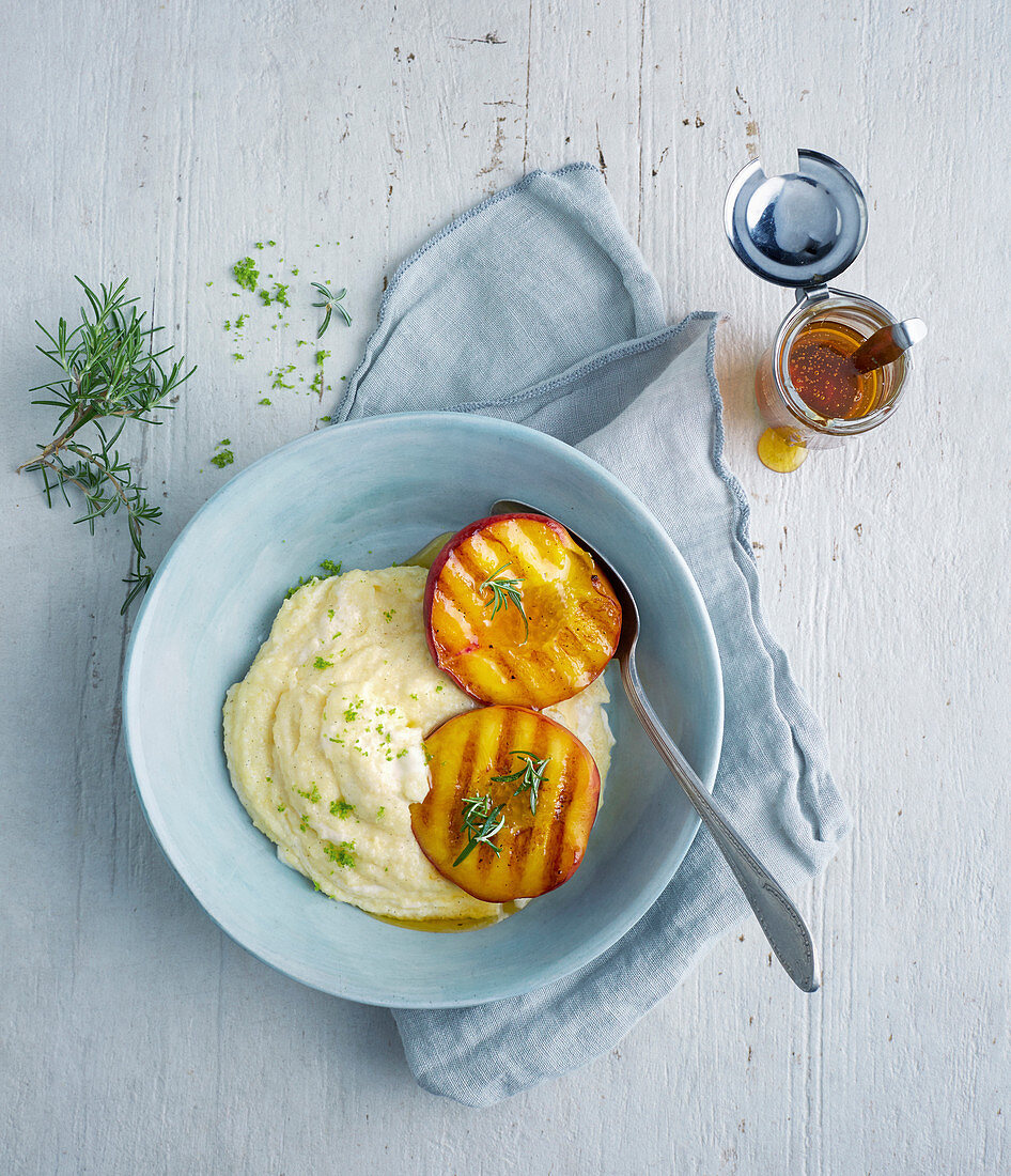 Sweet polenta with grilled peaches and rosemary