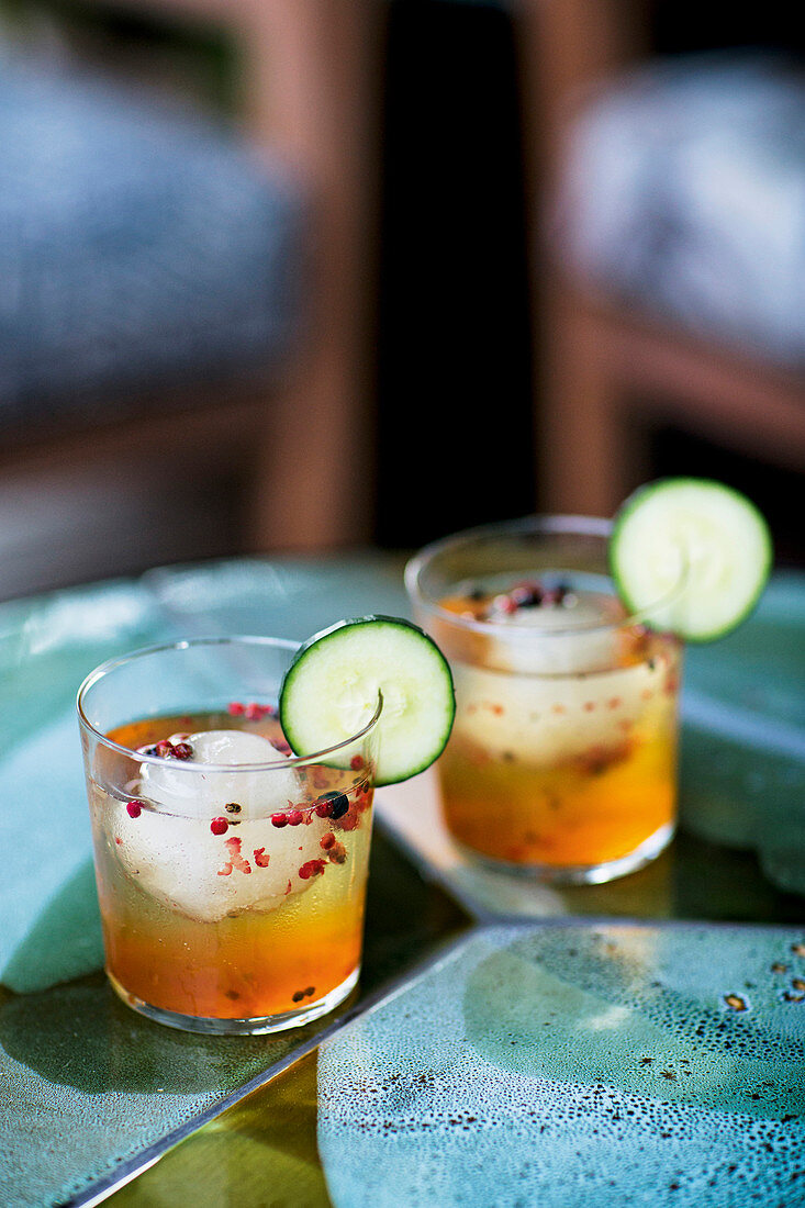 Gin and tonics with cucumber and pepper