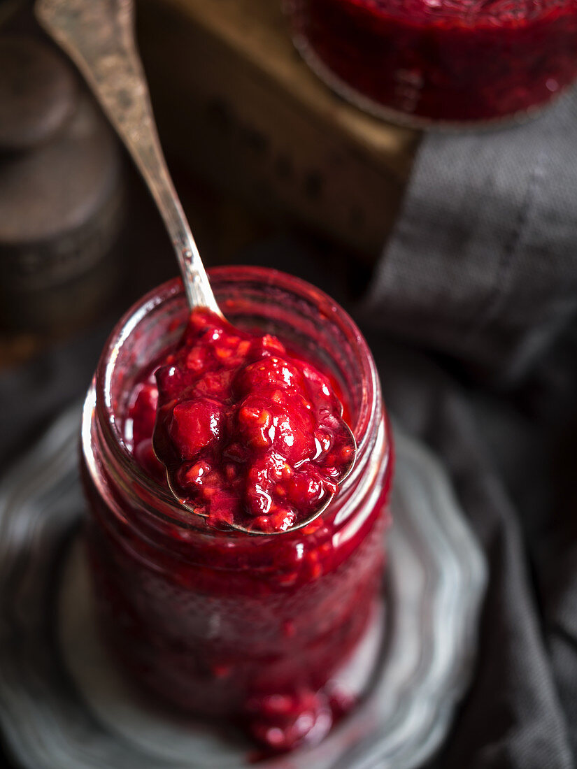 Homemade red berries jam in a jar