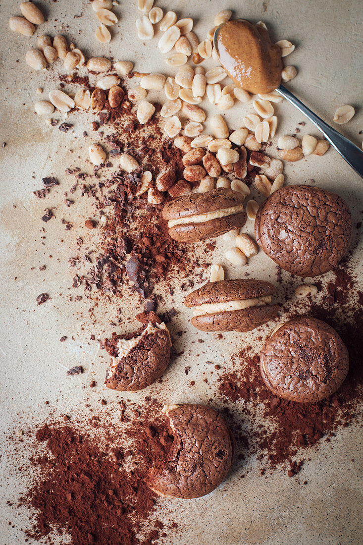 Chocolate brownie cookies with peanut butter filling