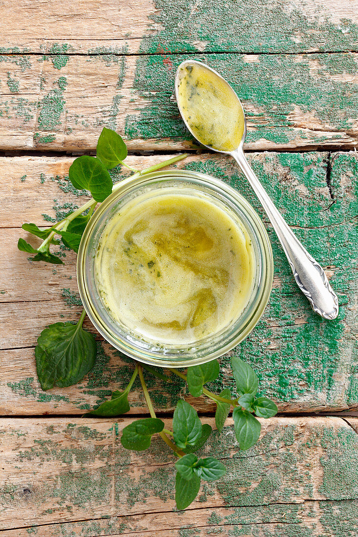 Homemade mint tapenade in a jar (seen from above)