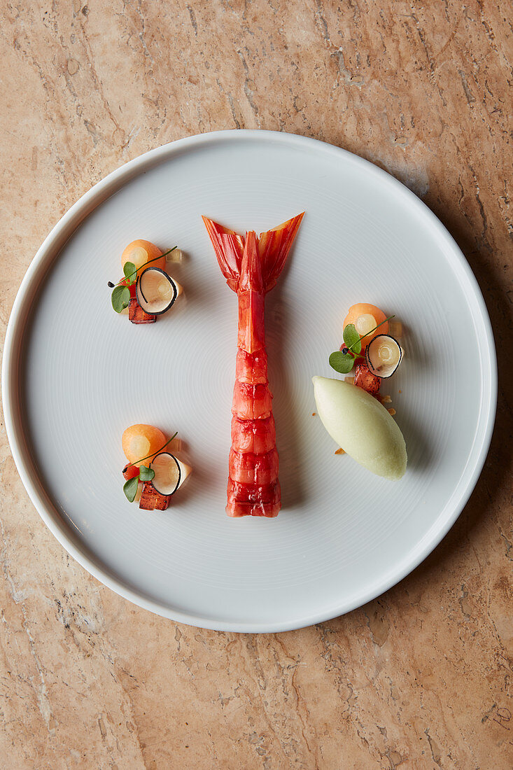 Carabinero Prawn with melon balls and savoury sorbet