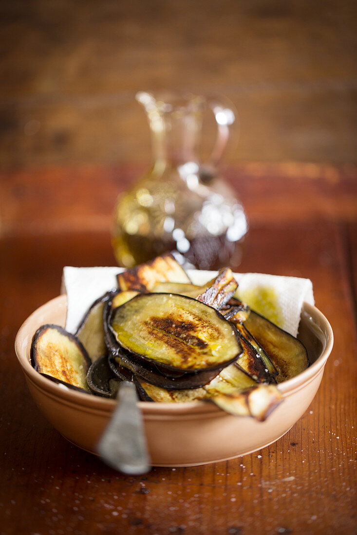 Aubergine slices fried in oil