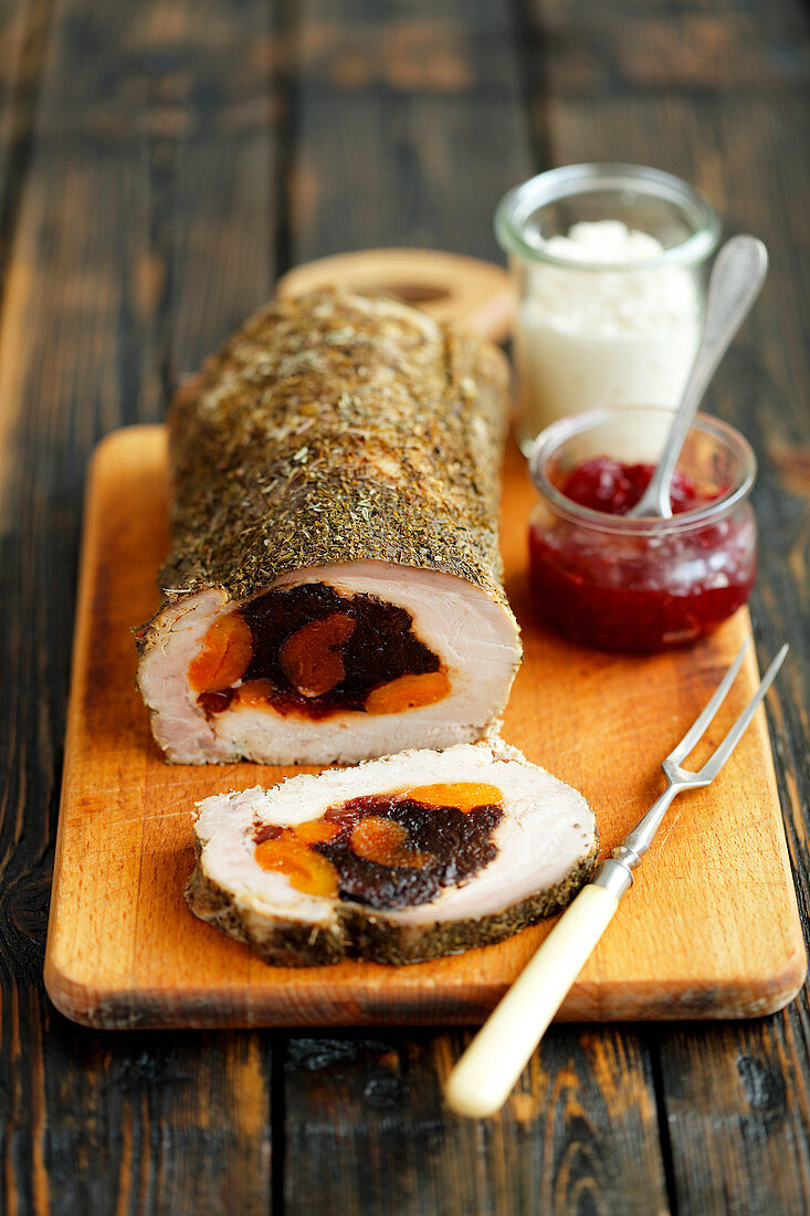 Pork fillet filled with dried apricots and plums