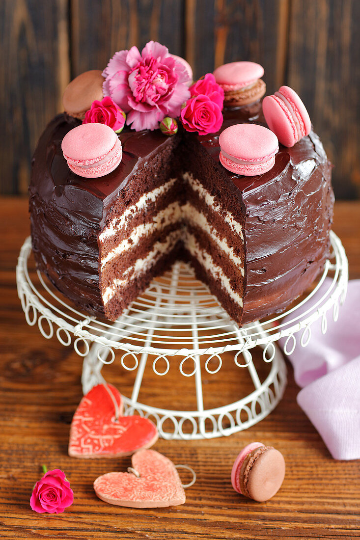 Chocolate sponge cake with mascarpone cream and macaroons