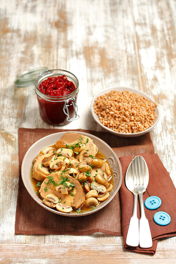 Pork fillet with mushrooms, buckwheat and a beetroot salad