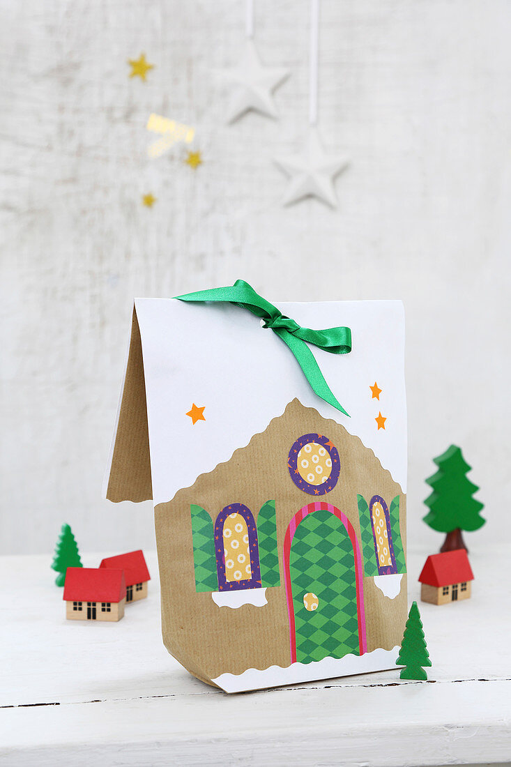 Hand-crafted, gingerbread-house gift bags