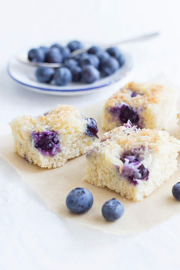 Blueberry buttermilk tray bake cake with coconut