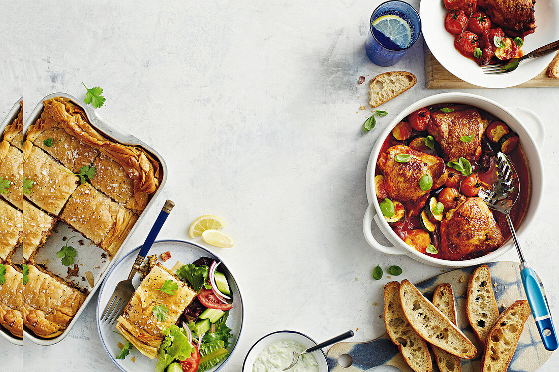 Indian beef filo pie, Chicken Pan-Bake with olives and tomatoes