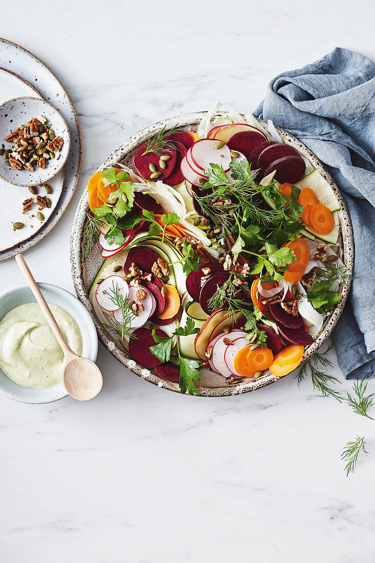 Rainbow salad with avocado ranch dressing