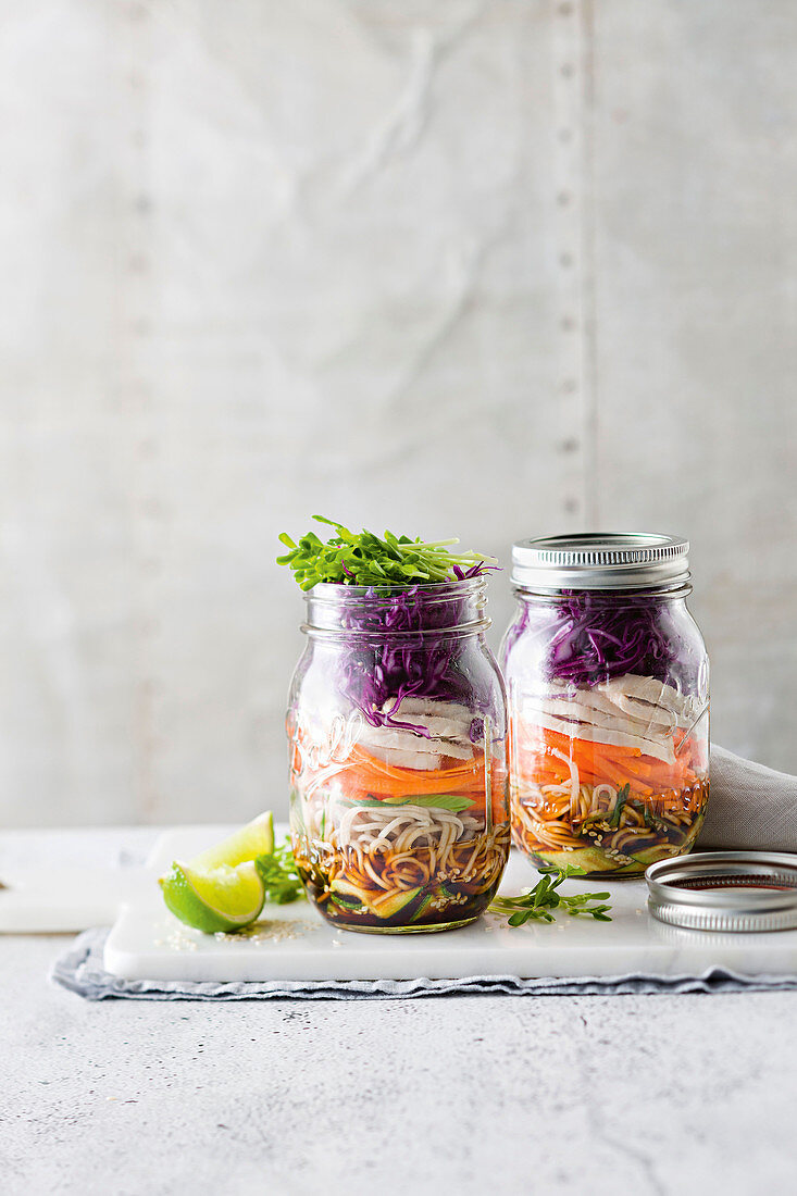 Chicken and soba noodle salad in a jar