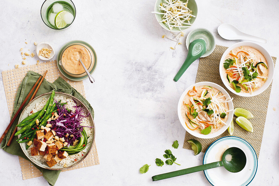 Tofu rice bowl with satay dressing - coconut and zucchini noodle soup