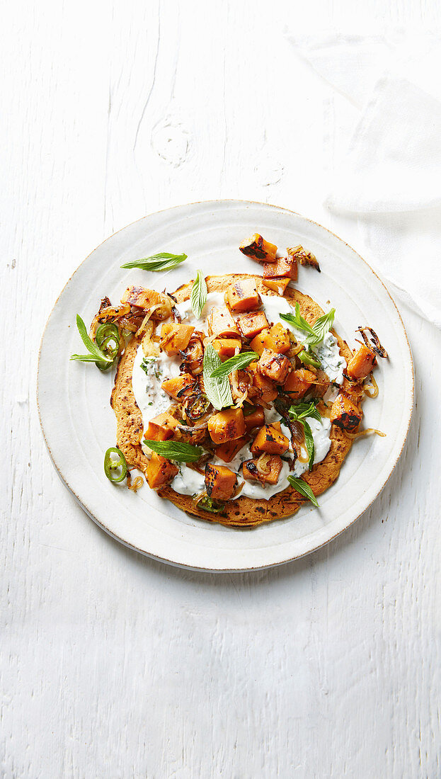 Chickpea pancake with indian-spiced sweet potato