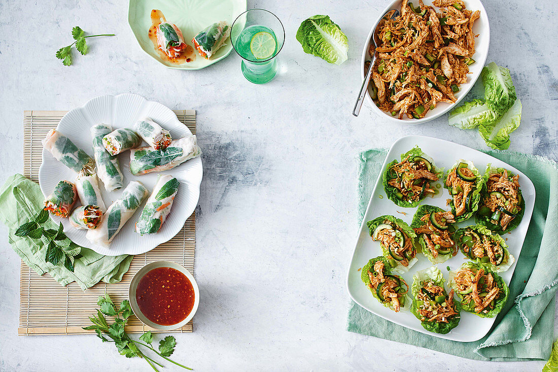 Coconut-poached chicken rice paper rolls, Peri peri chicken and rice lettuce cups