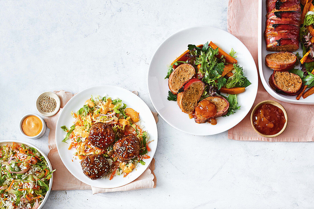 Korean pork rissoles with lettuce slaw, Bacon-wrapped chicken meatloaf with sweet potato salad