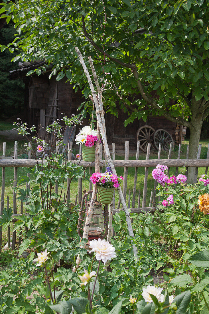 DIY-Blumenstellage mit blühenden Margeriten und Phlox im Garten