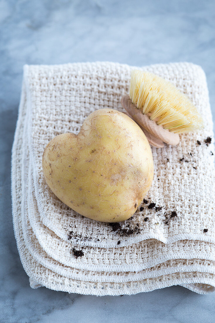 Kartoffel in Herzform und Bürste auf Geschirrtuch