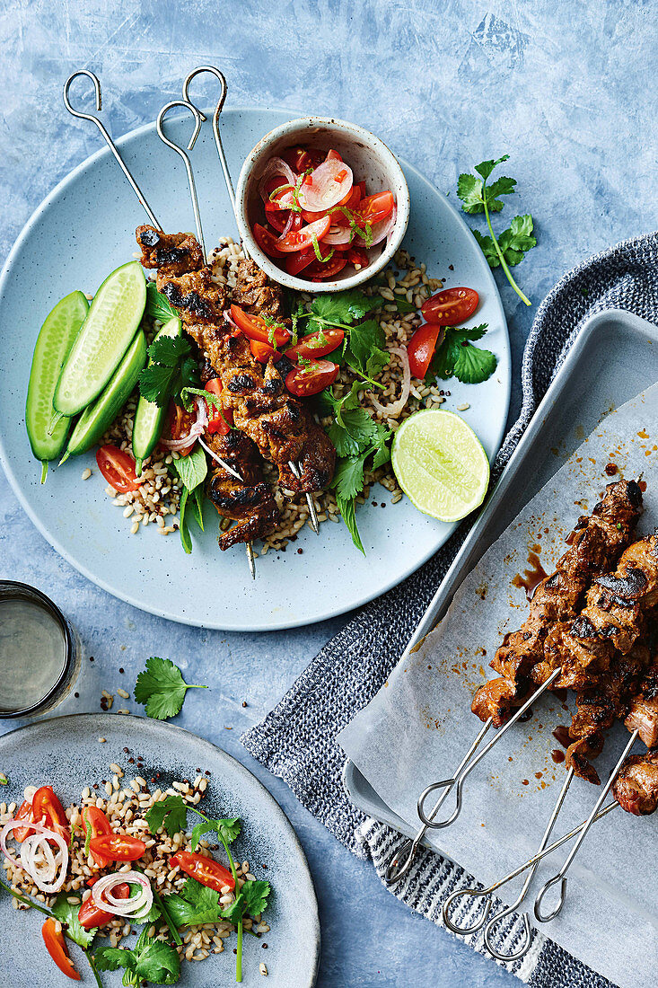 Thai beef skewers with rice and quinoa salad