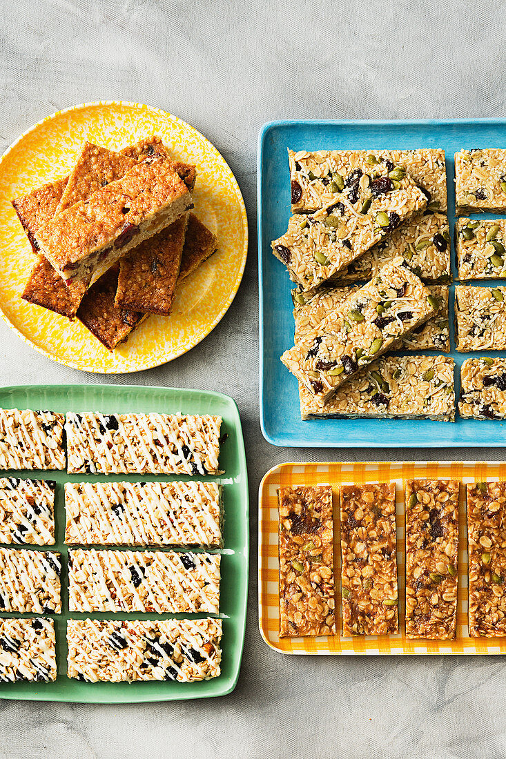 Coconut, sesame and sultana bars; Date, oat and nut bars; Blueberry and almond muesli bars; Cranberry and lemon quinoa bars